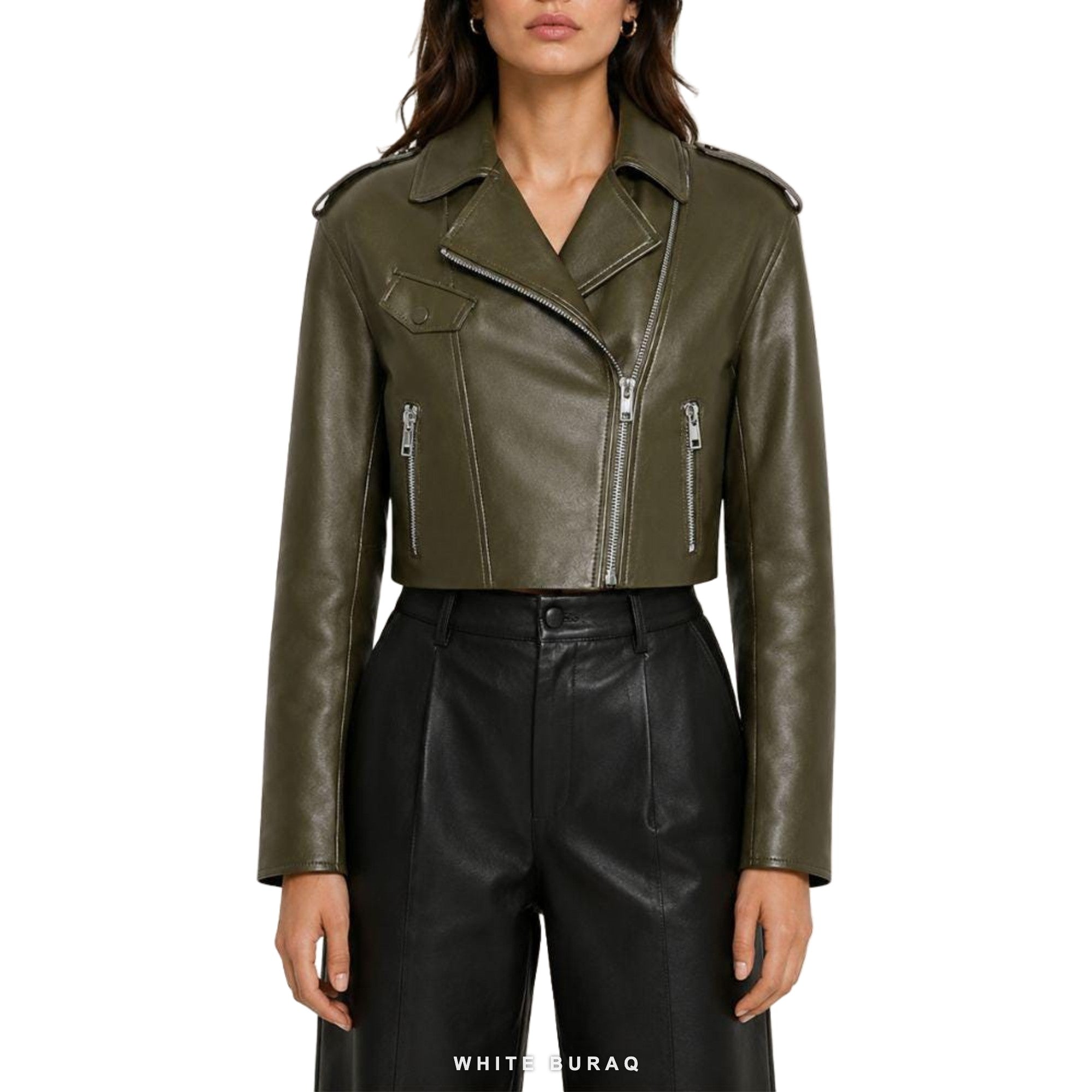 Women's Olive Green Cropped Sheepskin Biker Jacket – view 7
