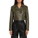 Women's Olive Green Cropped Sheepskin Biker Jacket – view 7