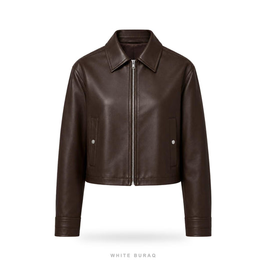 Women's Dark Brown Sheepskin Cropped Cafe Racer Jacket