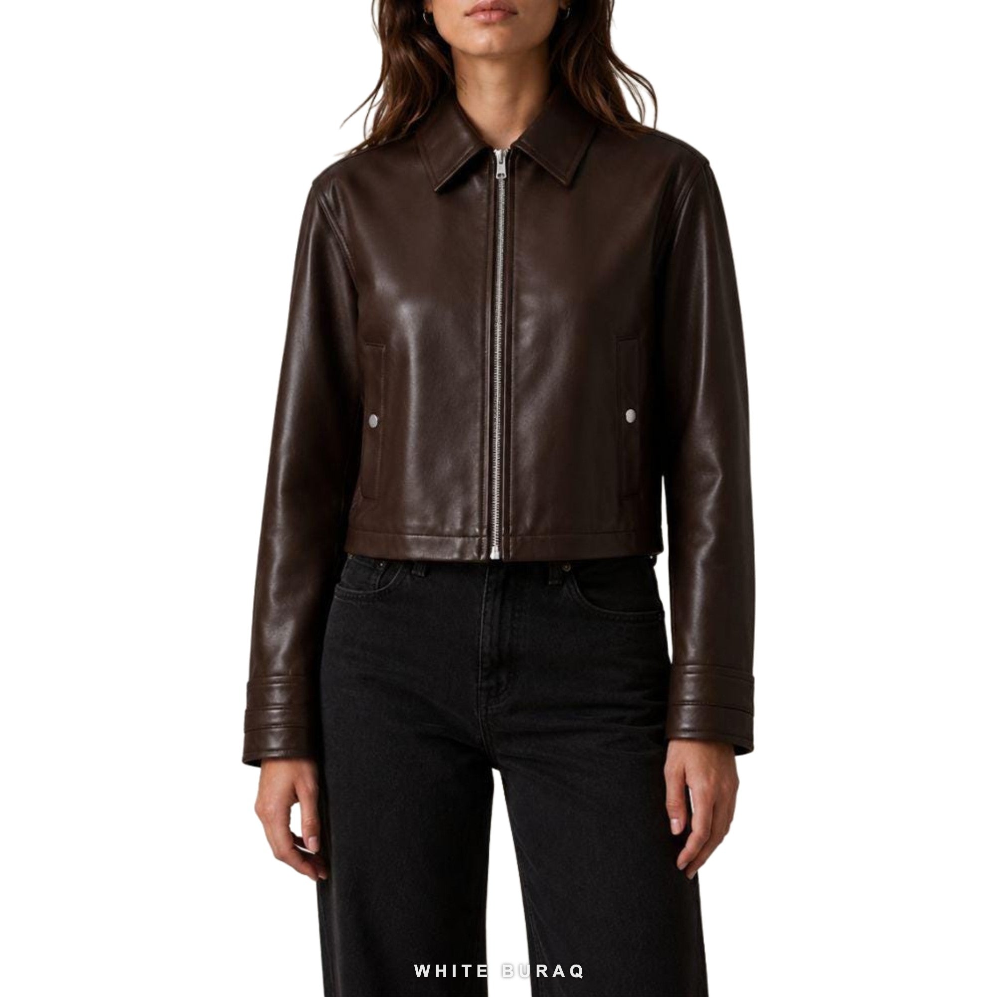 Women's Dark Brown Sheepskin Cropped Cafe Racer Jacket – view 2