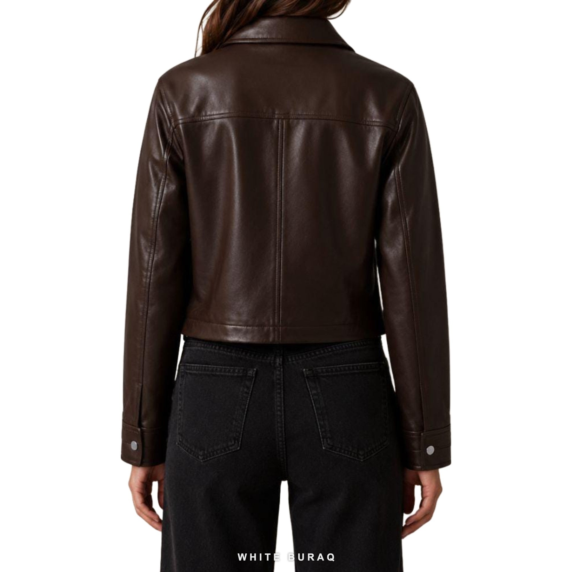 Women's Dark Brown Sheepskin Cropped Cafe Racer Jacket – view 4