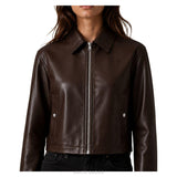 Women's Dark Brown Sheepskin Cropped Cafe Racer Jacket – view 7