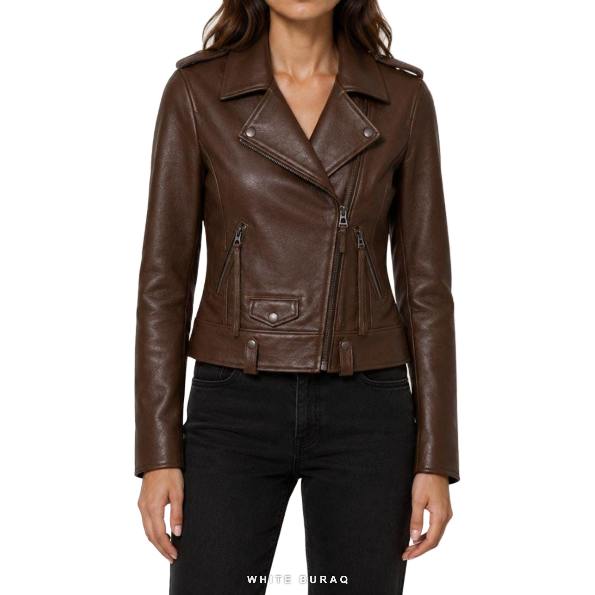 Women's Dark Brown Sheepskin Asymmetric Biker Jacket – view 3