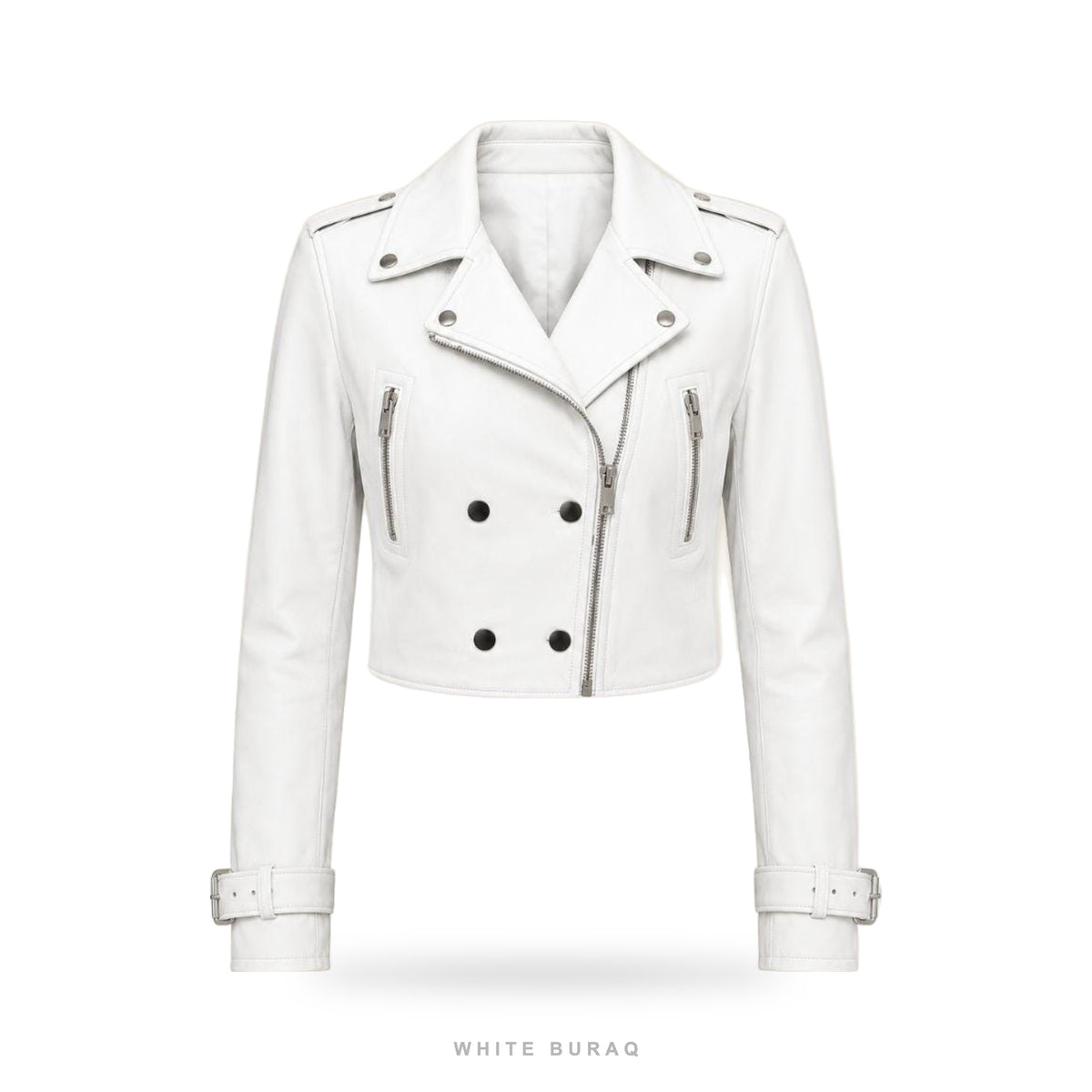 Women's White Cropped Leather Biker Jacket