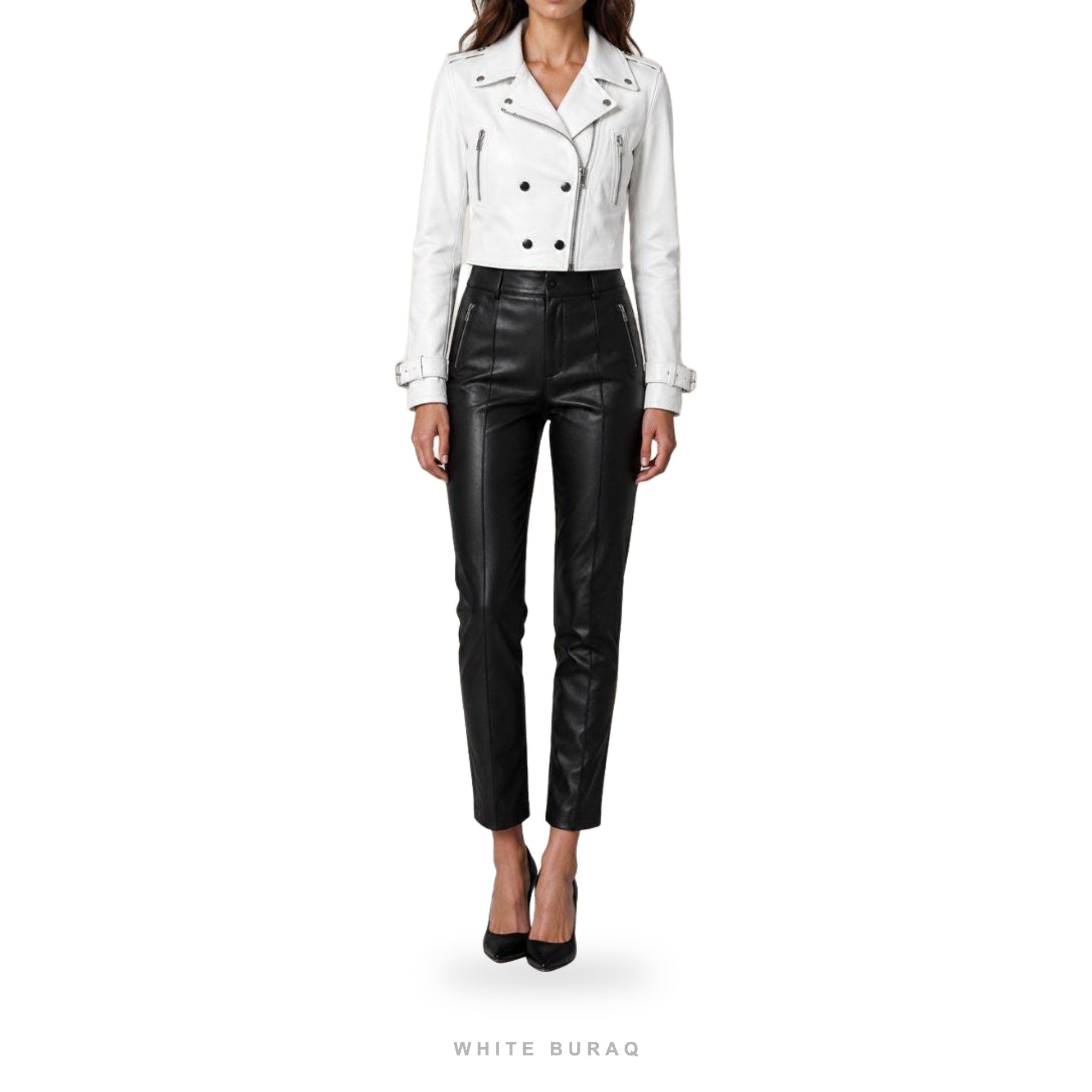 Women's White Cropped Leather Biker Jacket – view 5