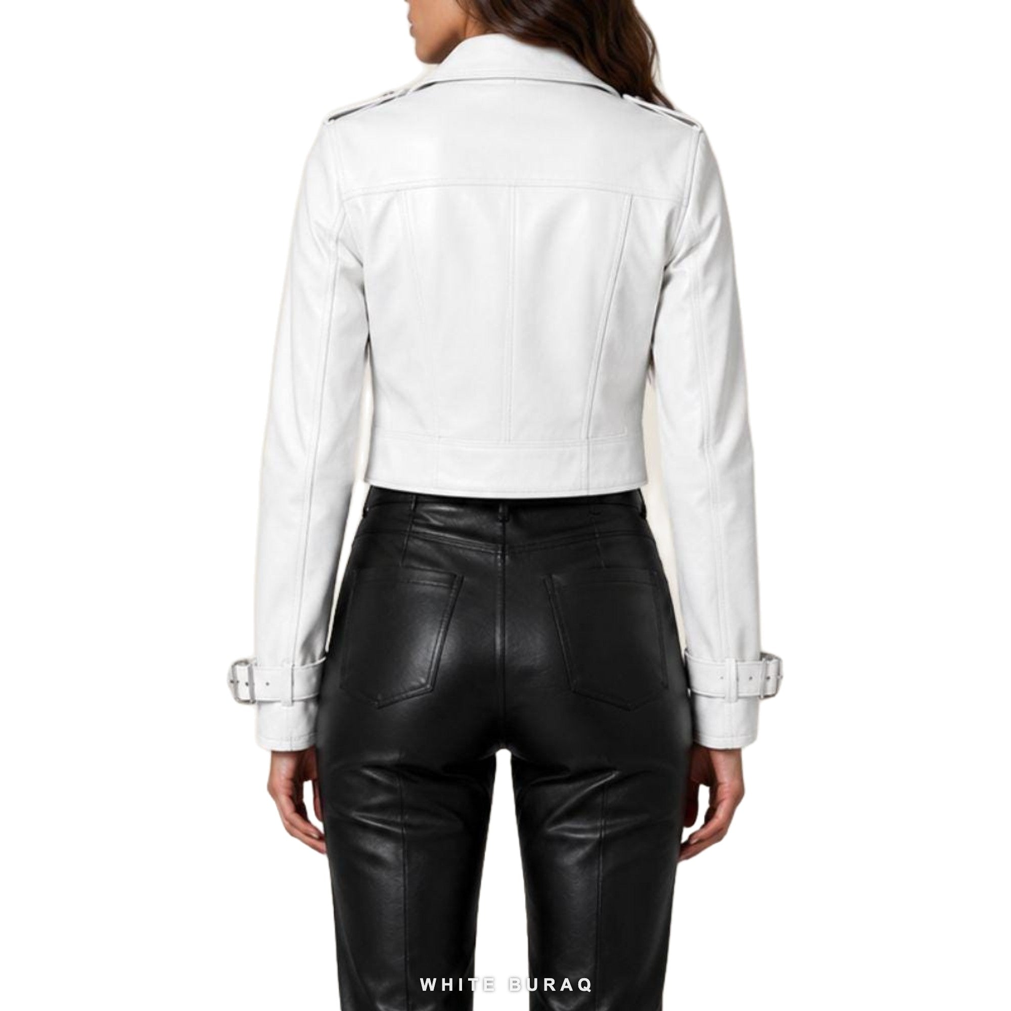 Women's White Cropped Leather Biker Jacket – view 6
