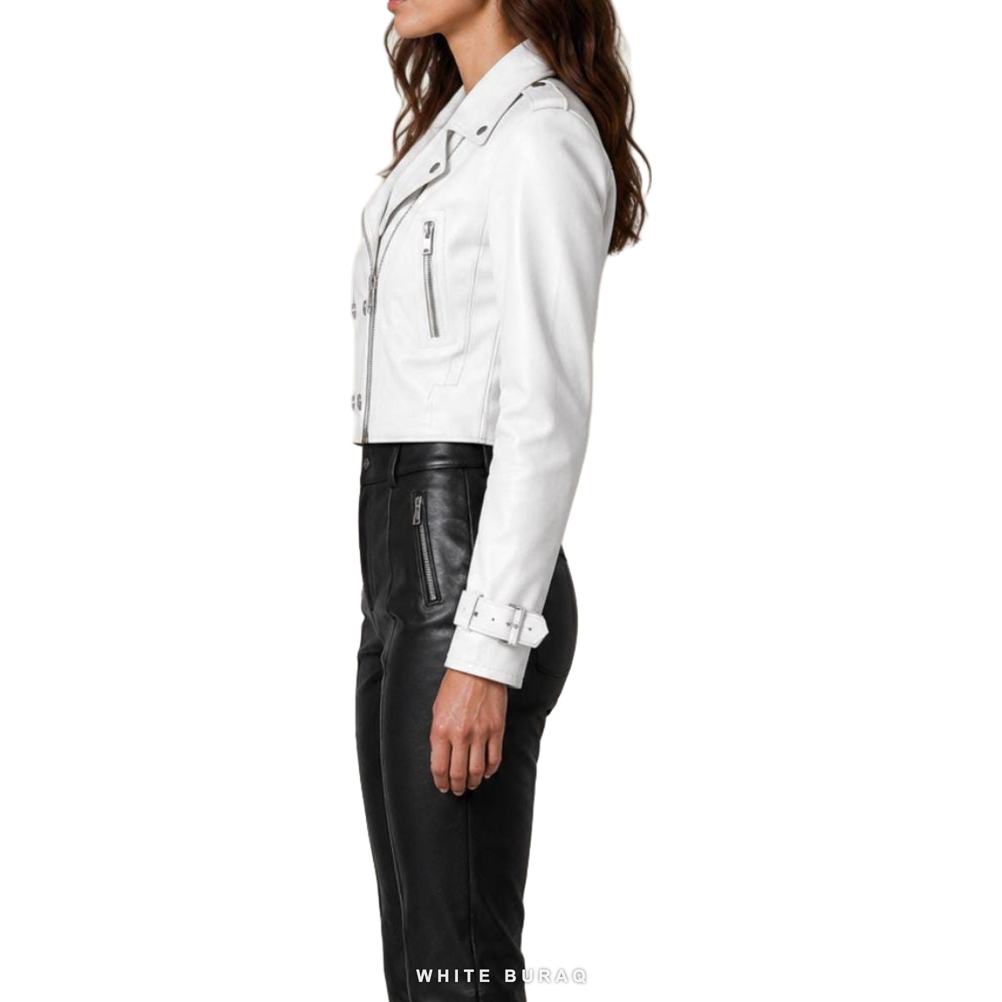 Women's White Cropped Leather Biker Jacket – view 7