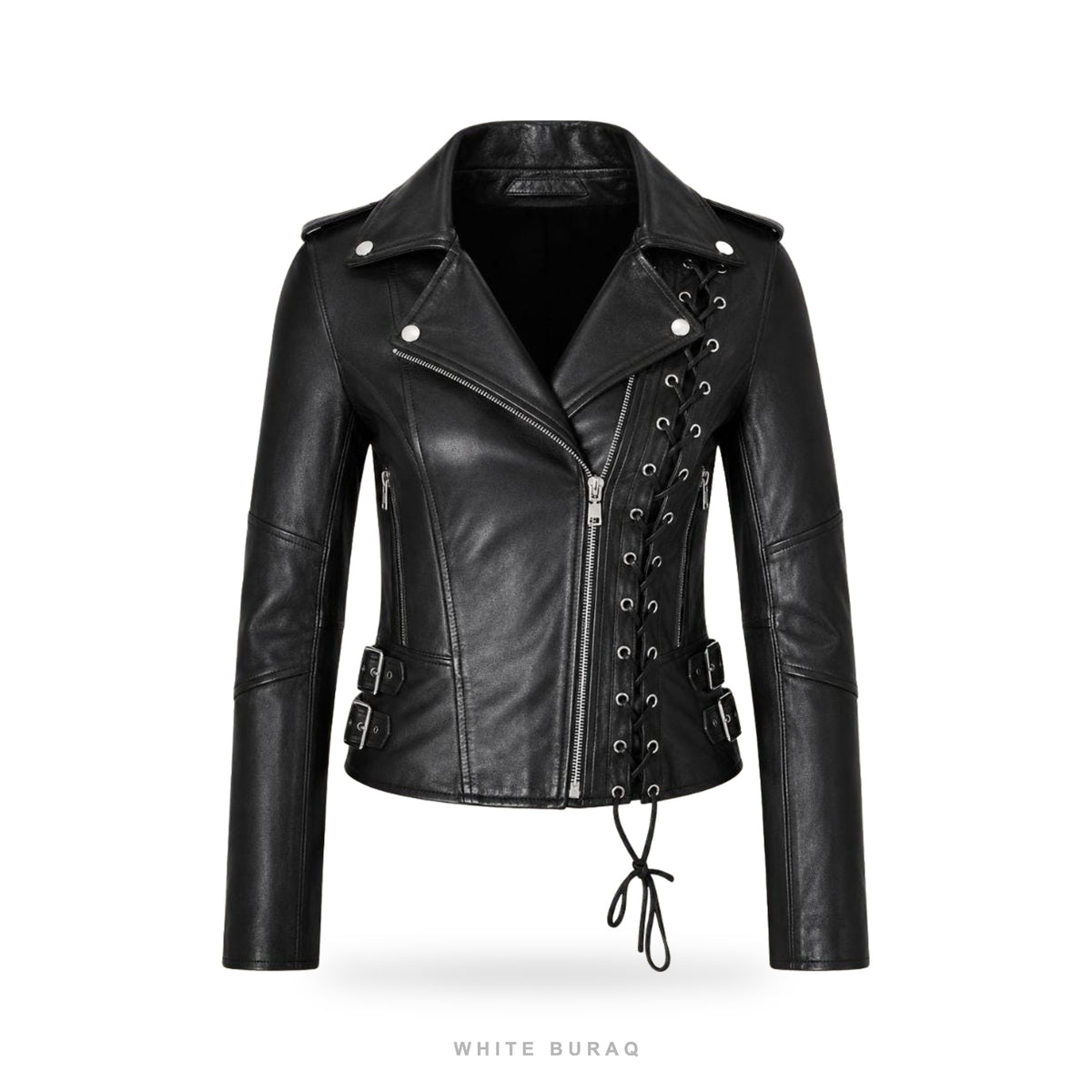 Women's Black Lace-Up Leather Biker Jacket