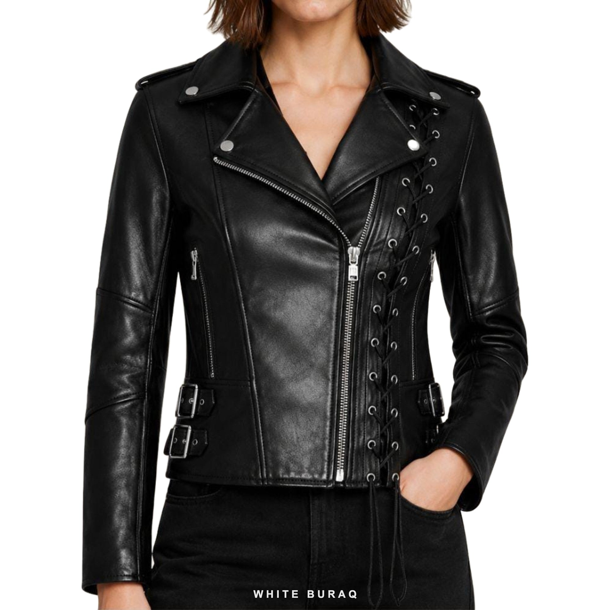 Women's Black Lace-Up Leather Biker Jacket – view 3