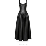 Women's Black Leather Sleeveless Dropped-Waist Maxi Gown