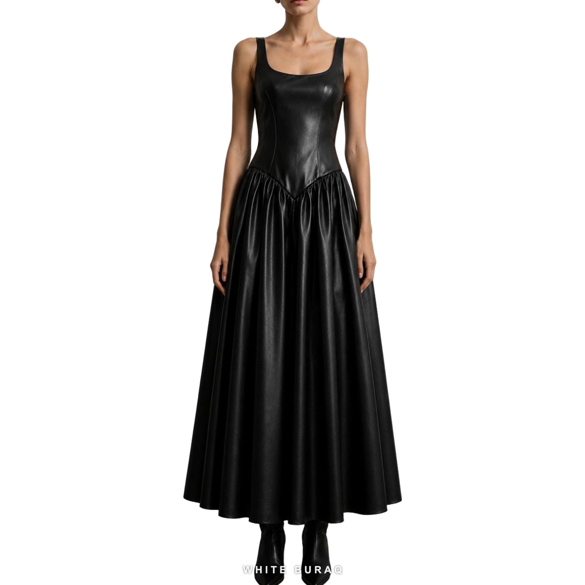 Women's Black Leather Sleeveless Dropped-Waist Maxi Gown – view 2