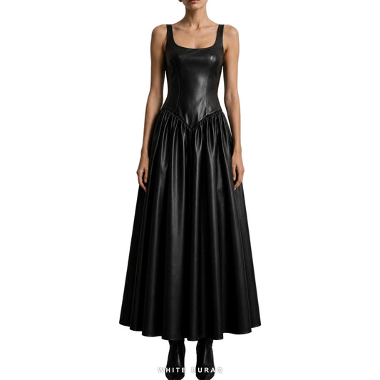 Women's Black Leather Sleeveless Dropped-Waist Maxi Gown – view 2
