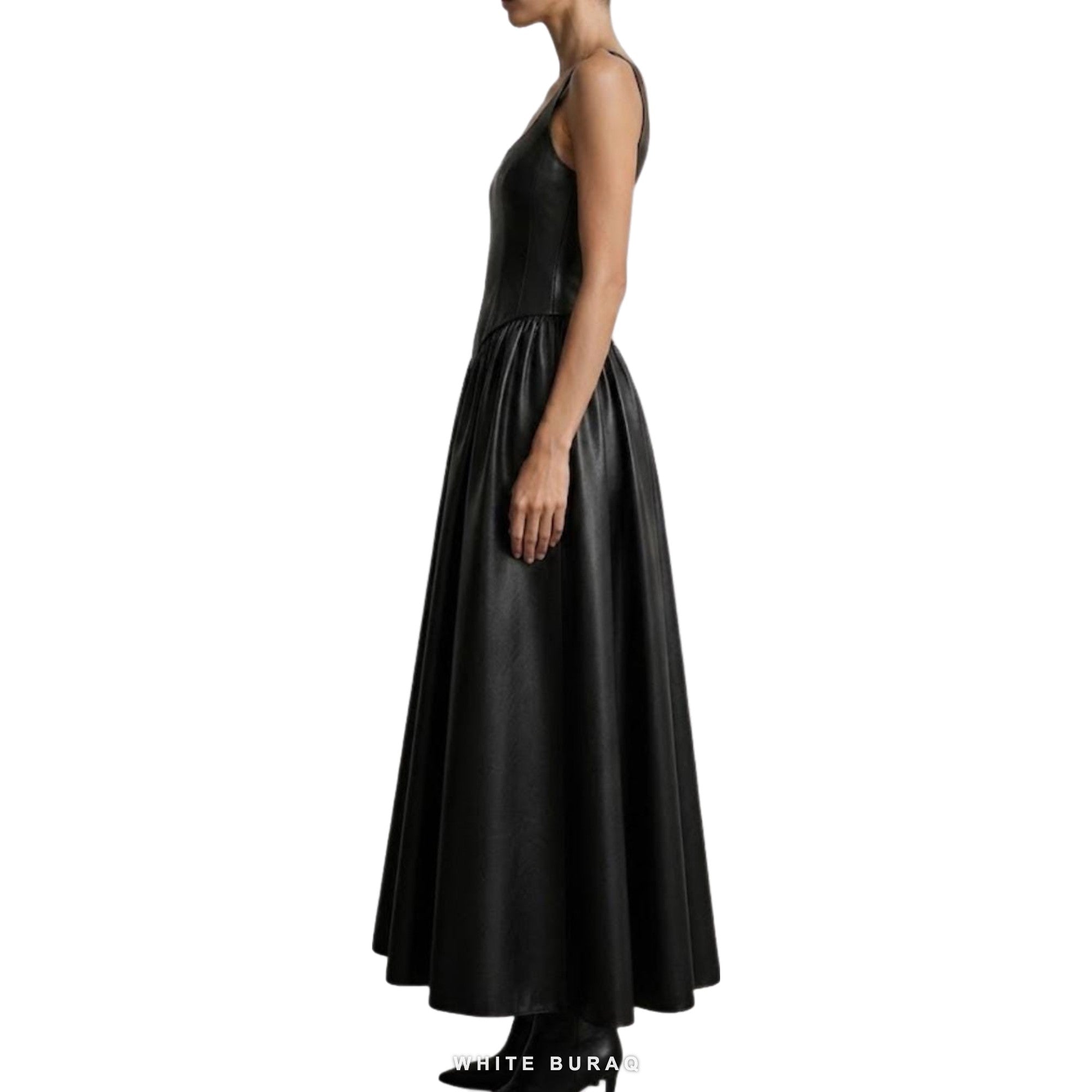 Women's Black Leather Sleeveless Dropped-Waist Maxi Gown – view 5