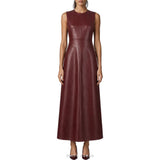 Women's Burgundy Leather Sleeveless A-Line Maxi Dress – view 2