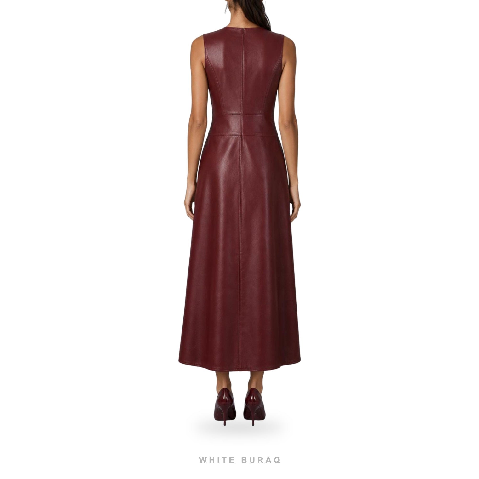 Women's Burgundy Leather Sleeveless A-Line Maxi Dress – view 4