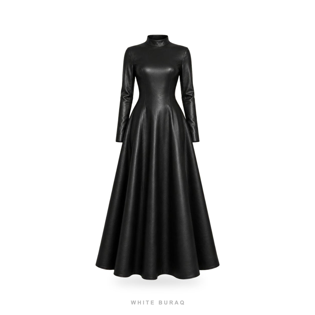 Women's Black Leather High-Neck Flared Maxi Gown