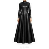Women's Black Leather High-Neck Flared Maxi Gown – view 2