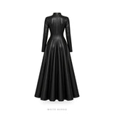 Women's Black Leather High-Neck Flared Maxi Gown – view 4