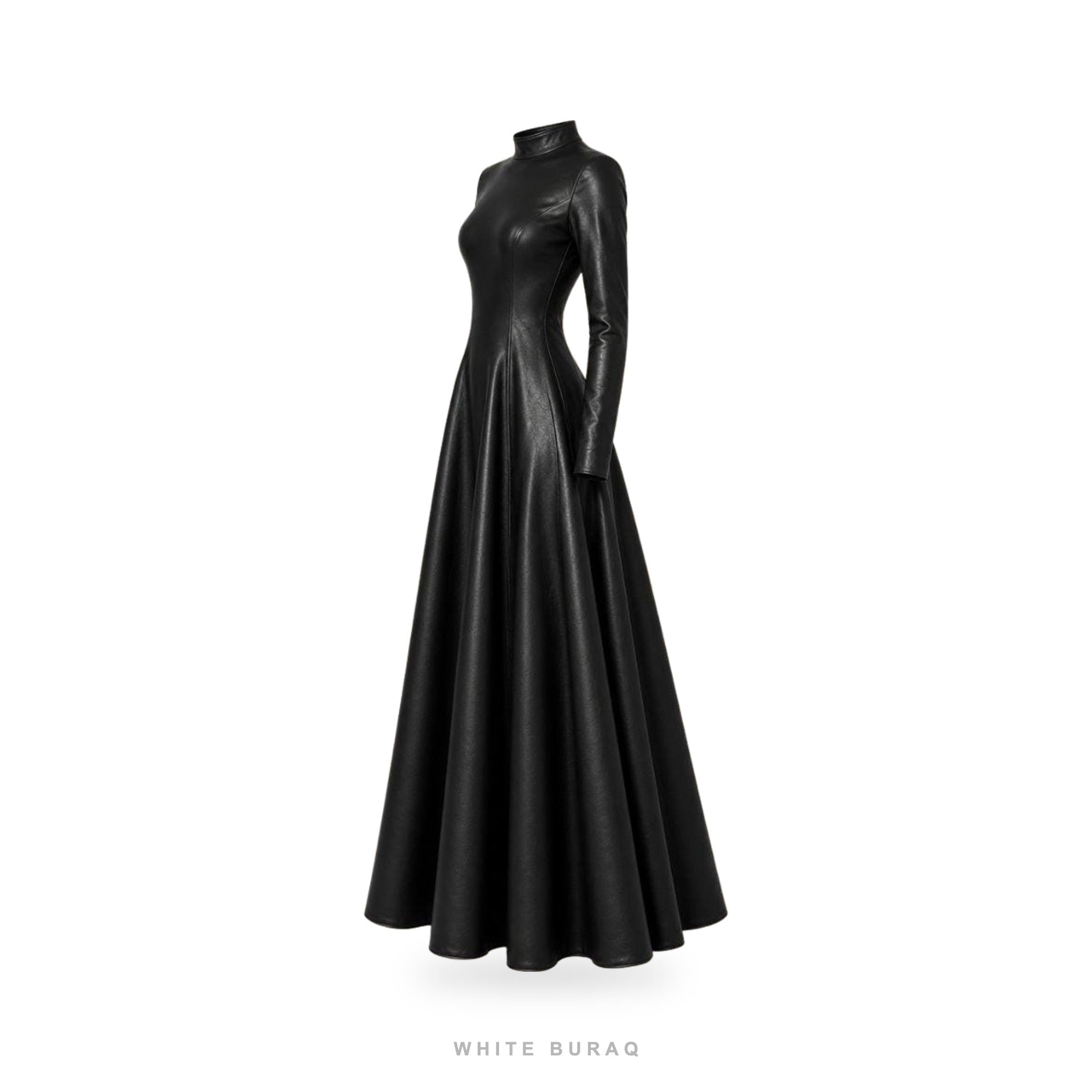 Women's Black Leather High-Neck Flared Maxi Gown – view 6