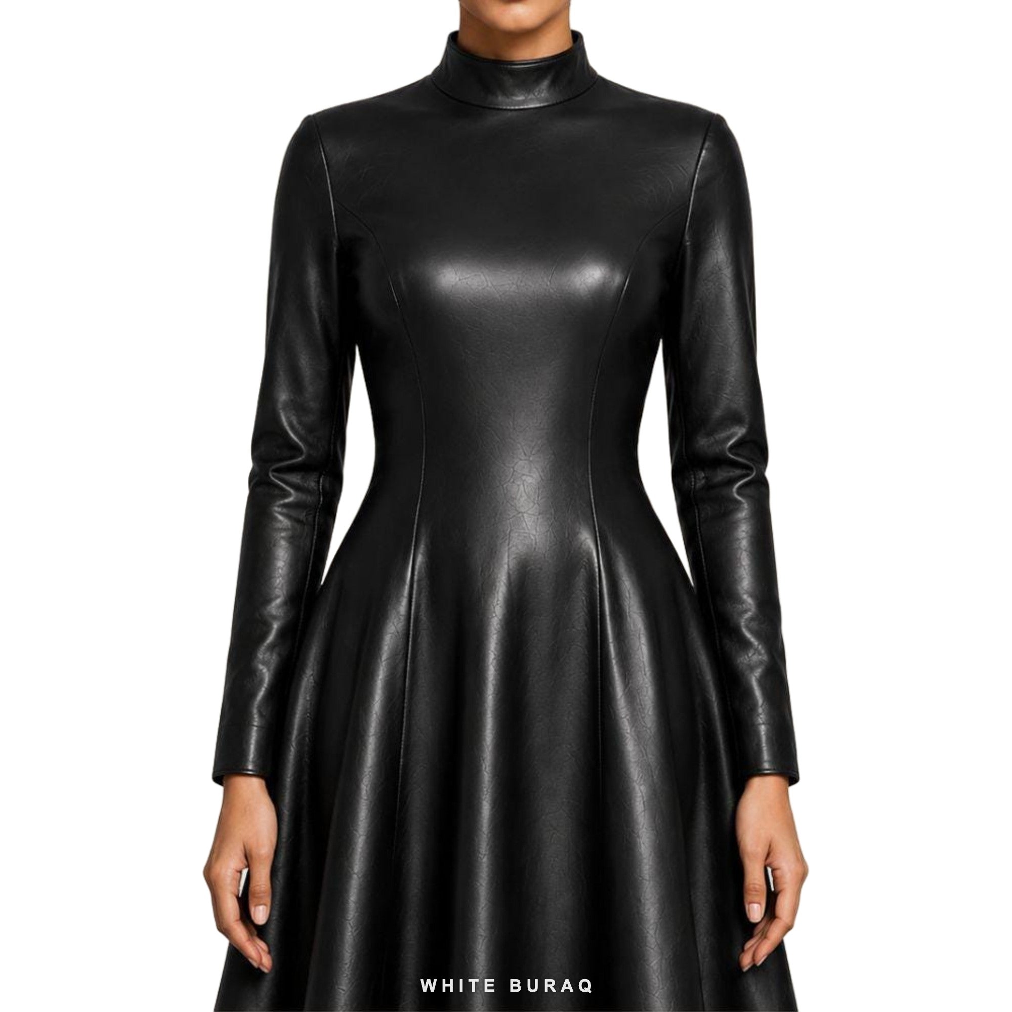 Women's Black Leather High-Neck Flared Maxi Gown – view 7