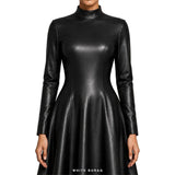 Women's Black Leather High-Neck Flared Maxi Gown – view 7