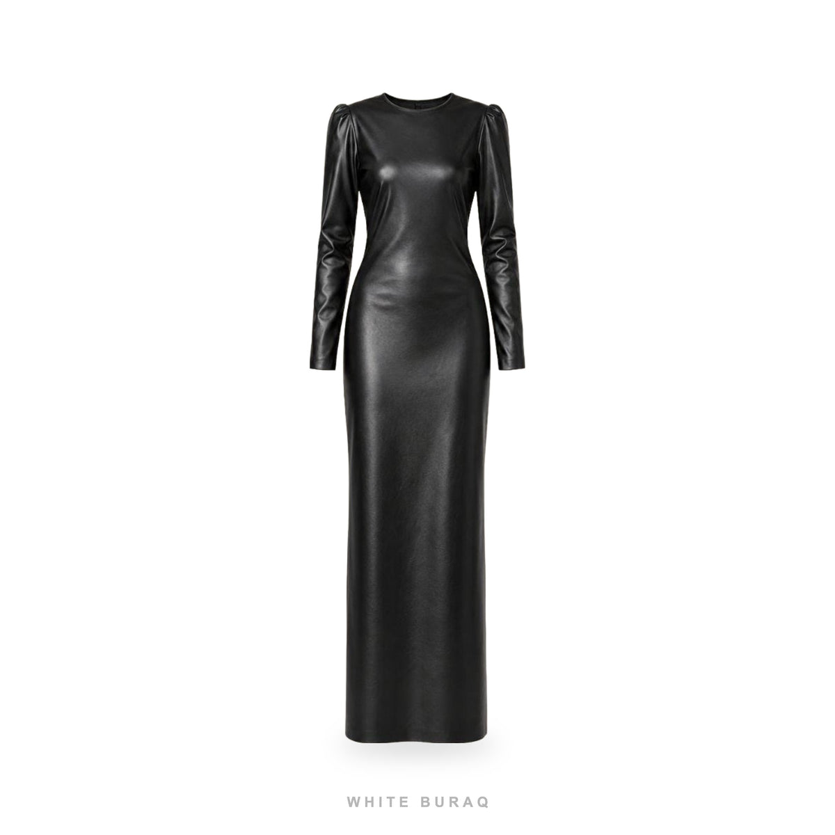 Women's Black Leather Long-Sleeve Column Maxi Dress
