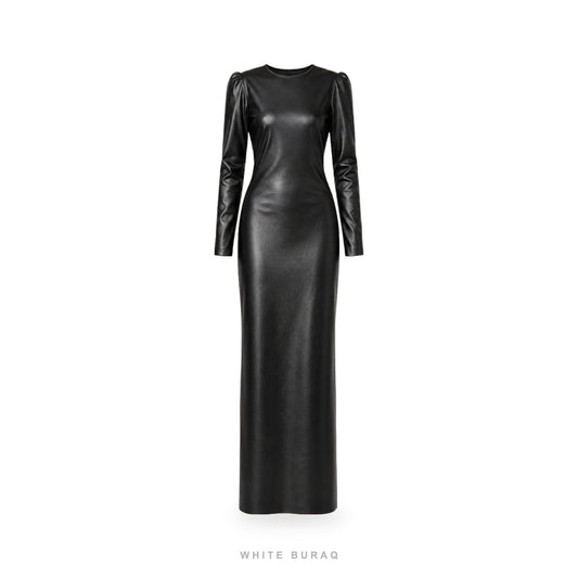 Women's Black Leather Long-Sleeve Column Maxi Dress