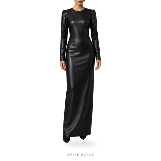 Women's Black Leather Long-Sleeve Column Maxi Dress – view 2