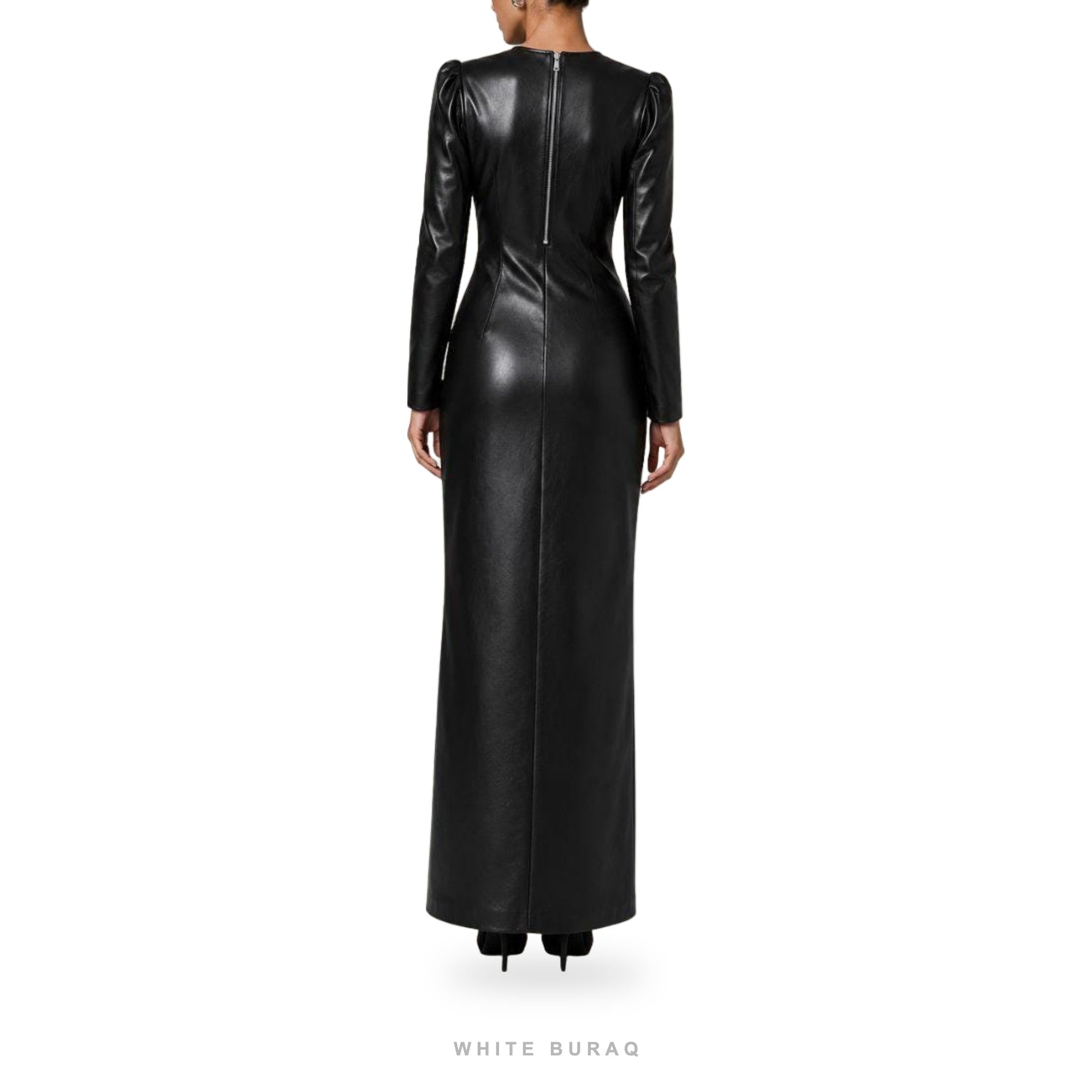 Women's Black Leather Long-Sleeve Column Maxi Dress – view 3
