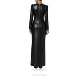 Women's Black Leather Long-Sleeve Column Maxi Dress – view 3
