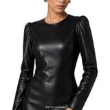 Women's Black Leather Long-Sleeve Column Maxi Dress – view 6