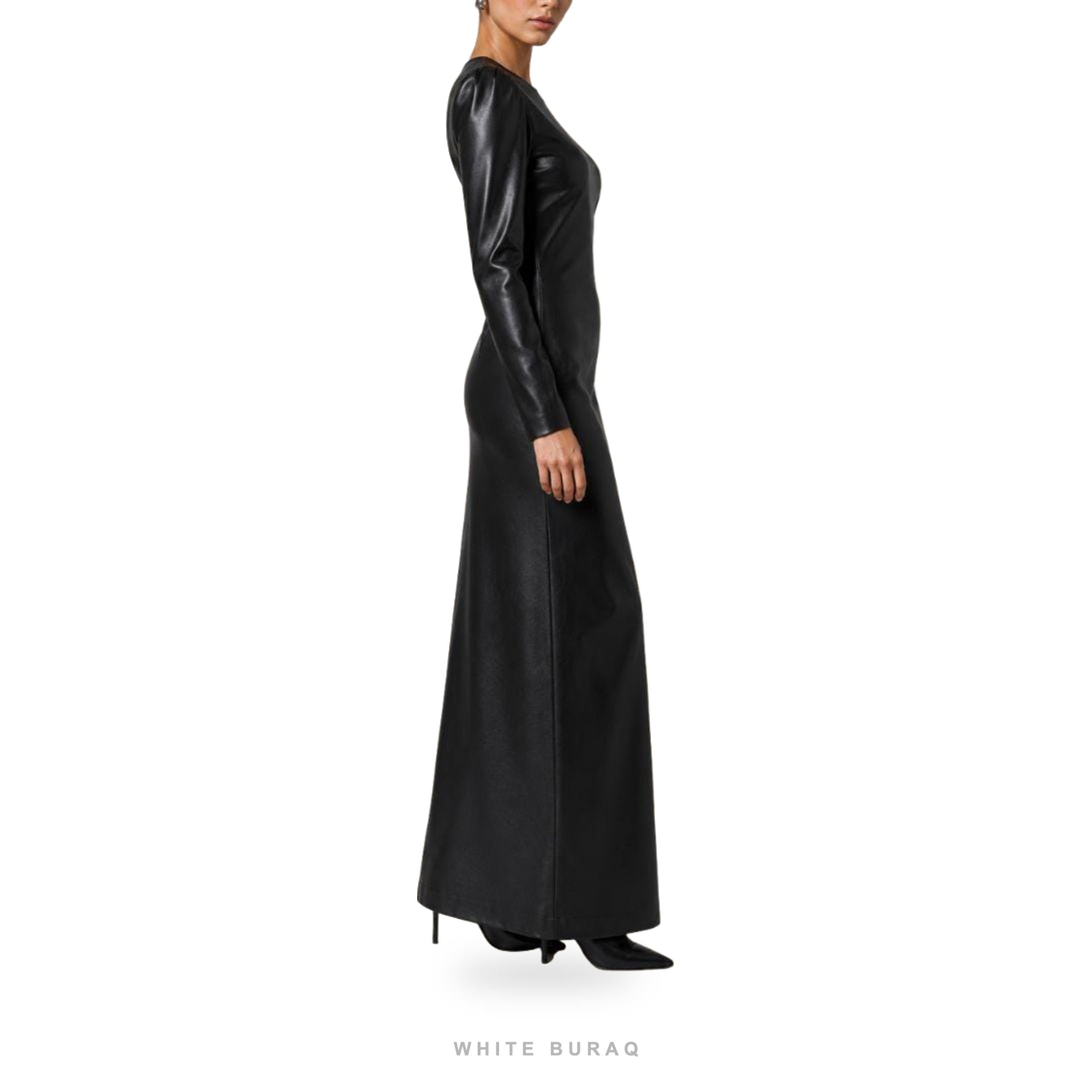 Women's Black Leather Long-Sleeve Column Maxi Dress – view 7