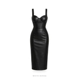 Women's Black Leather Corset Midi Dress