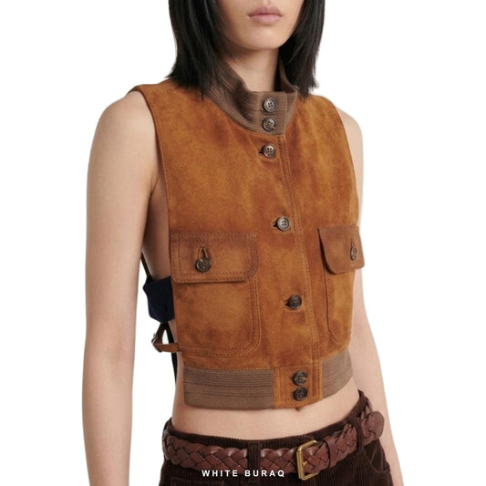 Women's Brown Suede Cropped Bomber Vest