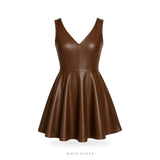Women's Brown Leather V-Neck Skater Mini Dress