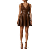 Women's Brown Leather V-Neck Skater Mini Dress – view 2
