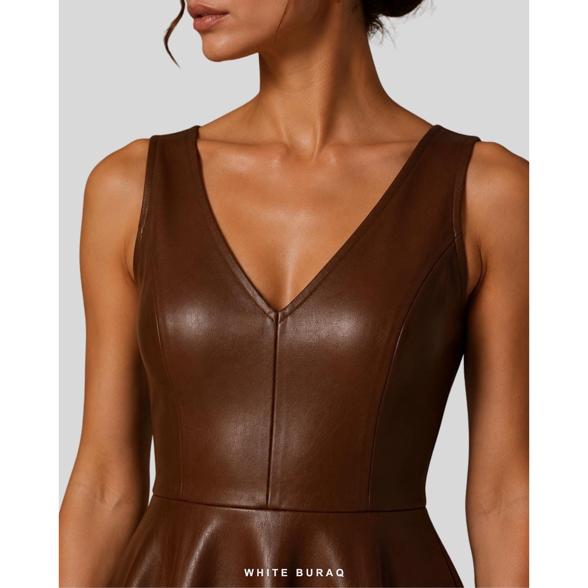 Women's Brown Leather V-Neck Skater Mini Dress – view 5