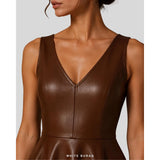 Women's Brown Leather V-Neck Skater Mini Dress – view 5