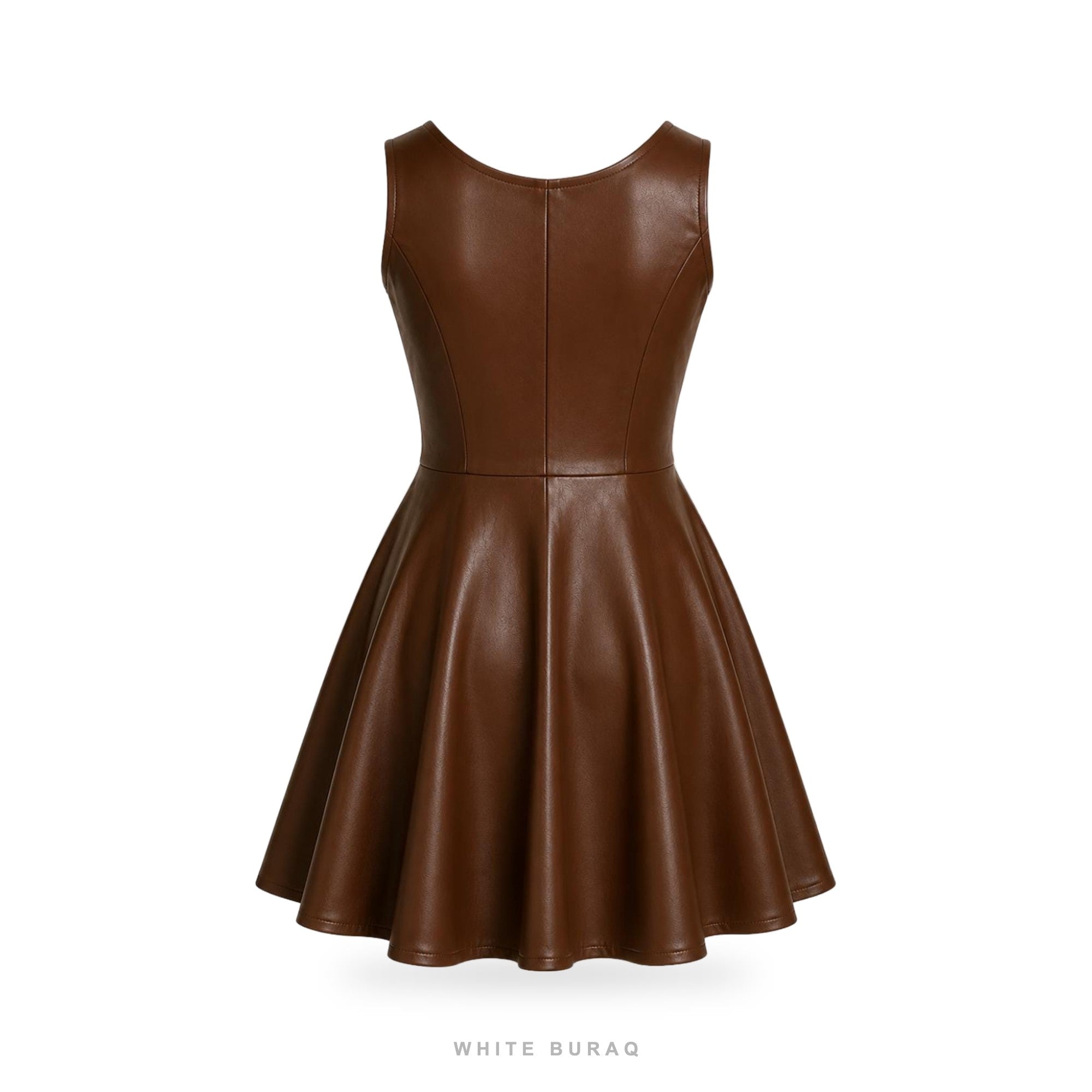 Women's Brown Leather V-Neck Skater Mini Dress – view 6