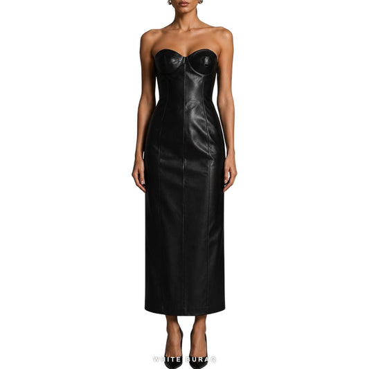 Women's Black Leather Strapless Corset Maxi Gown – view 2