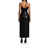 Women's Black Leather Strapless Corset Maxi Gown – view 3