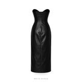 Women's Black Leather Strapless Corset Maxi Gown – view 4