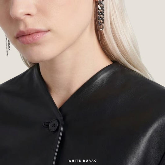 Women's Black Sheepskin Cropped Balloon-Sleeve Jacket – view 2