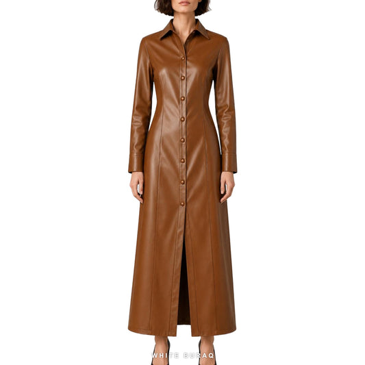 Women's Cognac Leather Button-Front Maxi Shirt Dress – view 2
