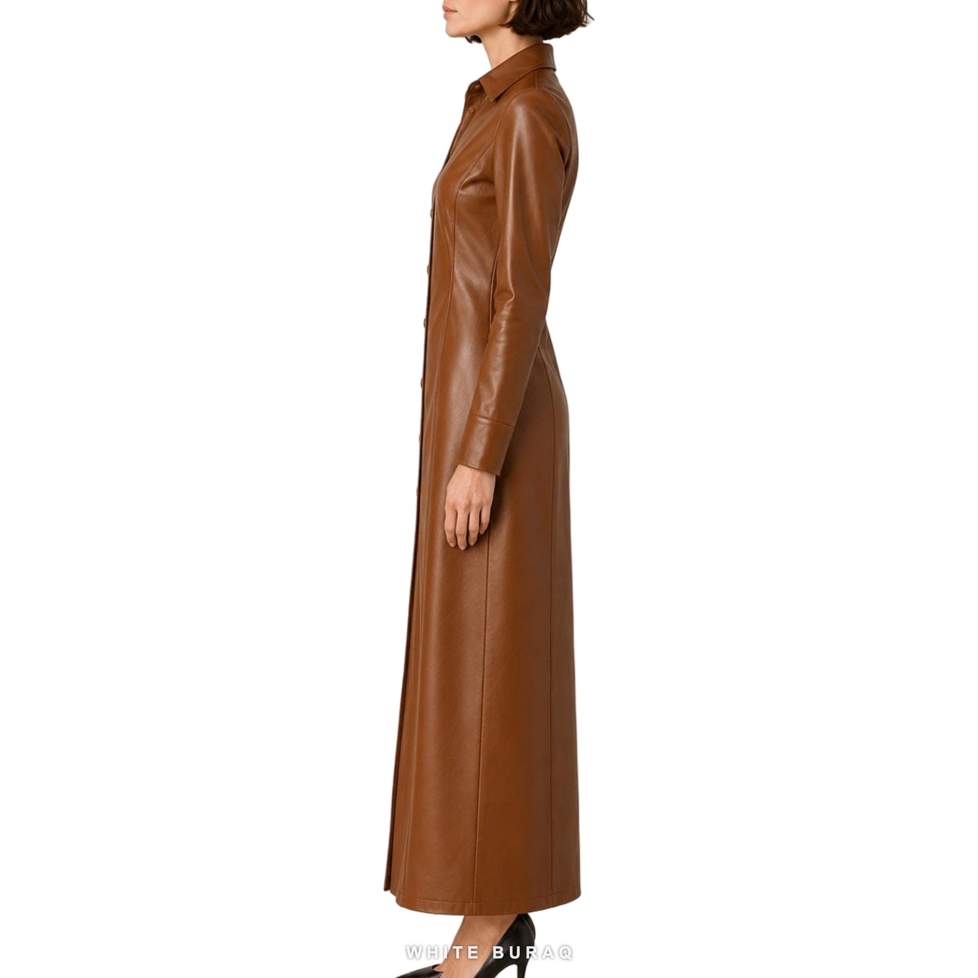 Women's Cognac Leather Button-Front Maxi Shirt Dress – view 5