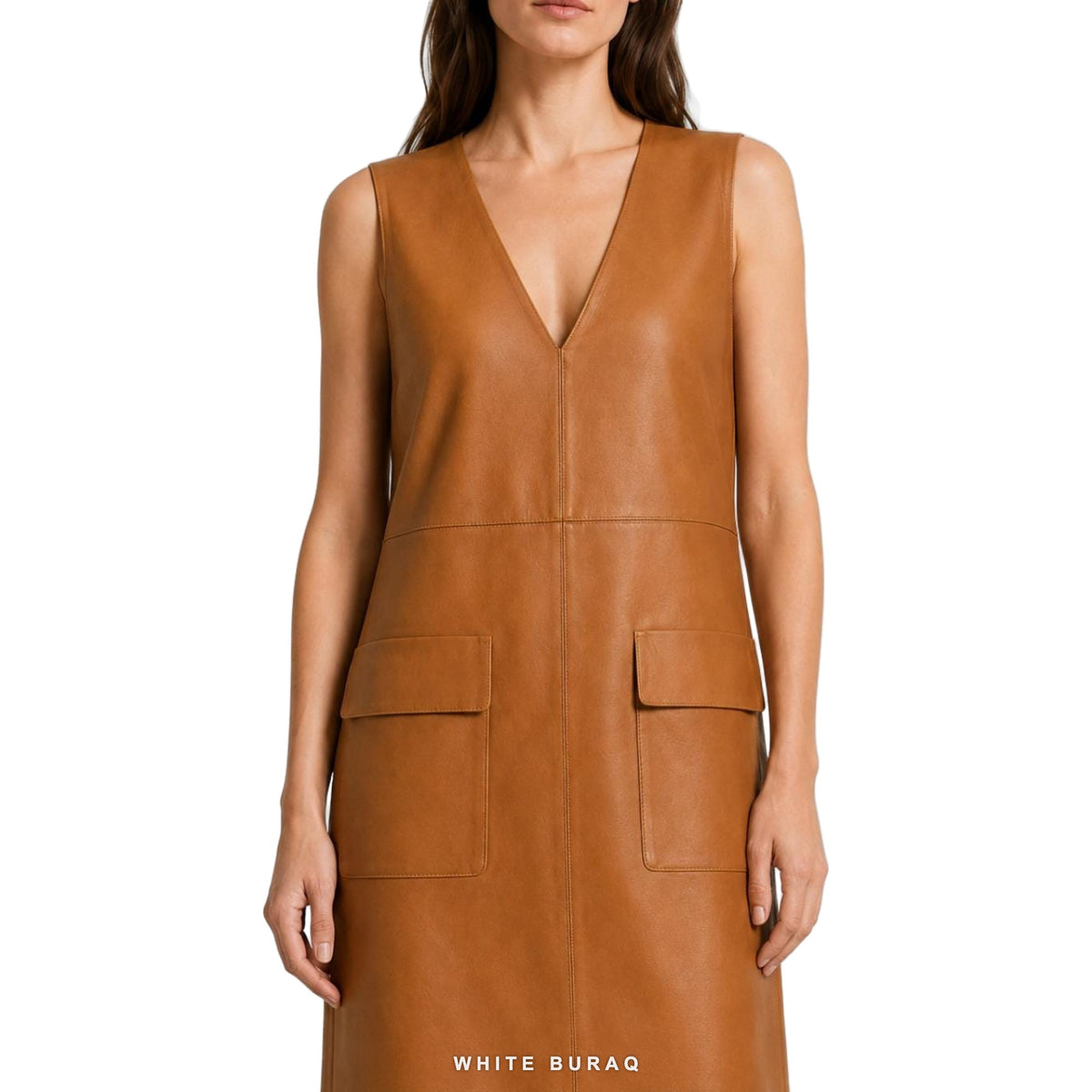Women's Cognac Leather V-Neck Maxi Tank Dress