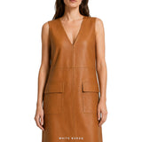 Women's Cognac Leather V-Neck Maxi Tank Dress