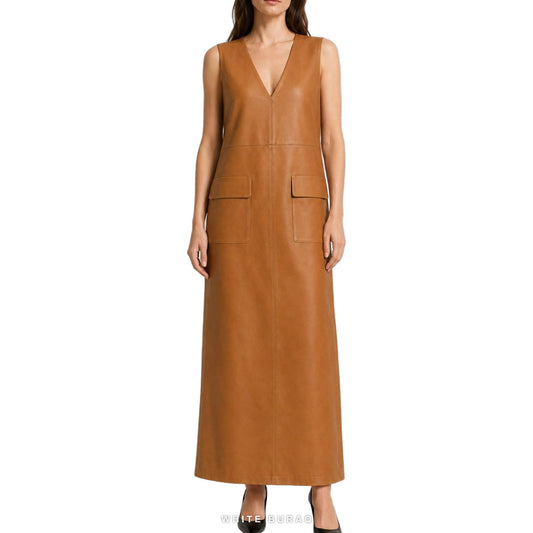 Women's Cognac Leather V-Neck Maxi Tank Dress – view 2
