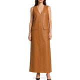 Women's Cognac Leather V-Neck Maxi Tank Dress – view 2