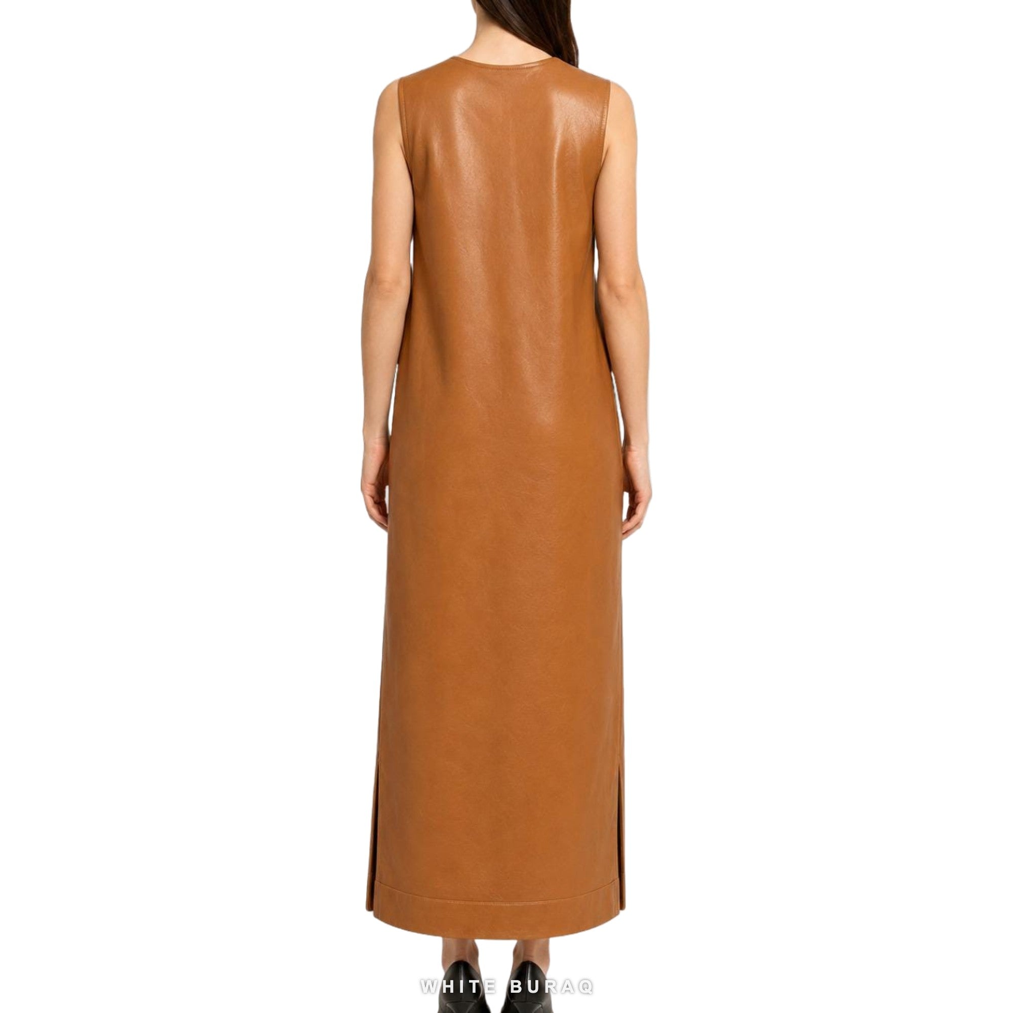Women's Cognac Leather V-Neck Maxi Tank Dress – view 3